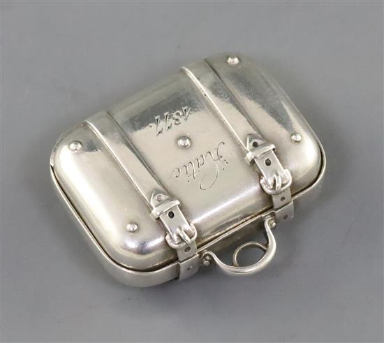 A Victorian silver vinaigrette modelled as a travelling suitcase, inscribed Katie 1877